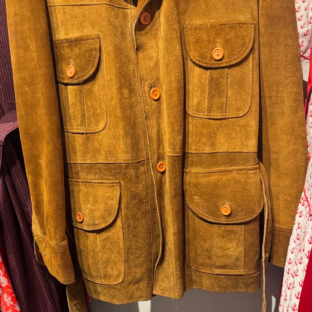 Men's Vintage 60s/70s Brown Suede Leather Belted Jacket - Picture 3 of 13